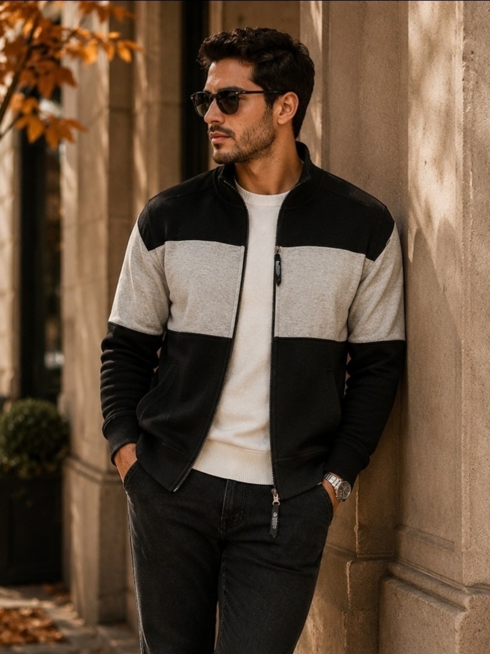 Nautica Men’s Anchor Black & Light Gray Colorblock Zip-Up Sweater | Small